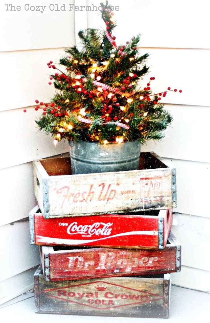 Vintage Decor – old “pop” crates stacked to hold tiny tree – A Farmhouse Christmas – The Cottage Market