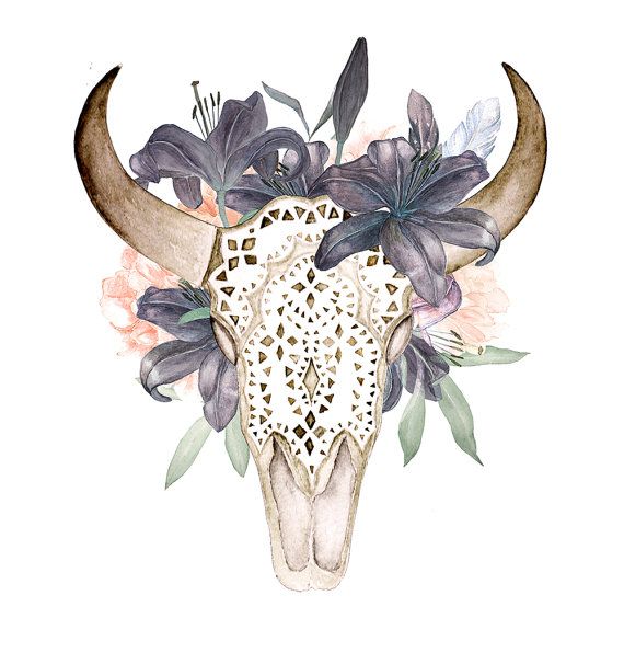 Watercolor skull with antlers in flowers, hand painted, ornament, peonies, feathers, lilac, floral, invite, tribal, diy, flowers,