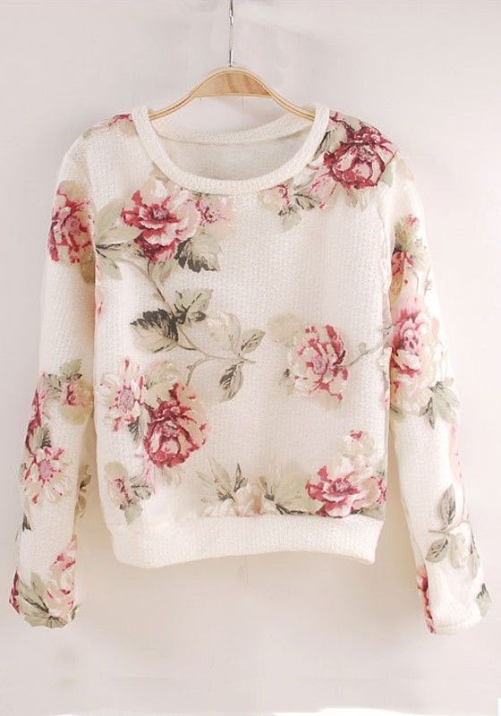 White Flowers Print Long Sleeve Acrylic T-Shirt