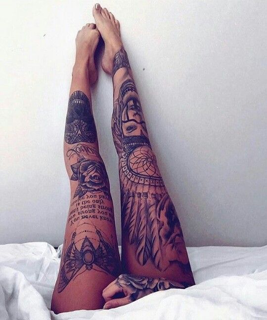 Whole right leg but with a wolf in the Indian headress tat.