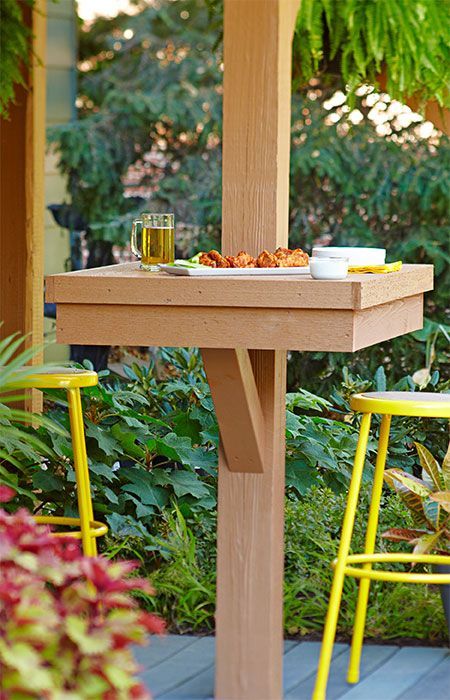 Add dining space for large groups by attaching tables to deck supports posts. –Lowe’s Creative Ideas