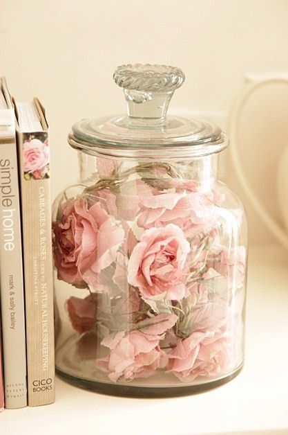 apothecary full of roses…soft, gentle…I want to do this with my old canning jars. Perfect for wedding flowers.