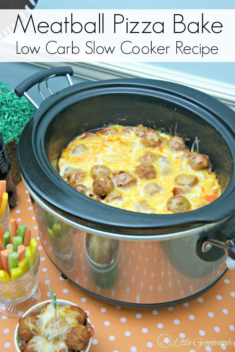 AWESOME slow cooker recipe for Meatball Pizza Bake that’s perfect for football snacks! Italian meatballs, pepperoni, and tangy