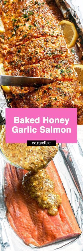 Baked Honey Garlic Salmon in Foil — Sweet and tangy flavors shine in this bright seafood dinner. A whole salmon fillet coated in