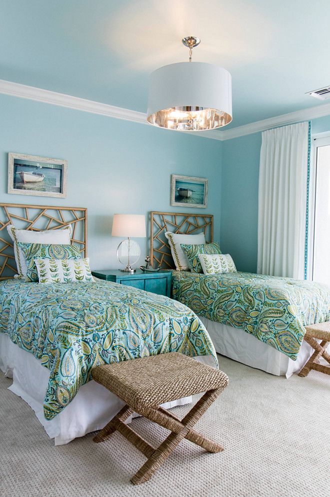 Beach house guest bedroom. Wall paint color is Benjamin Moore 2051-60 Bird’s…