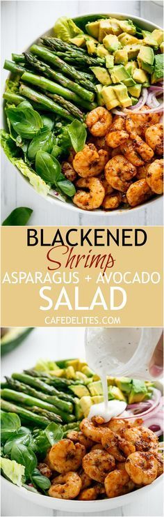 Blackened Shrimp, Asparagus and Avocado Salad with Lemon Pepper Yogurt Dressing | A beautiful salad to enjoy for lunch or dinner