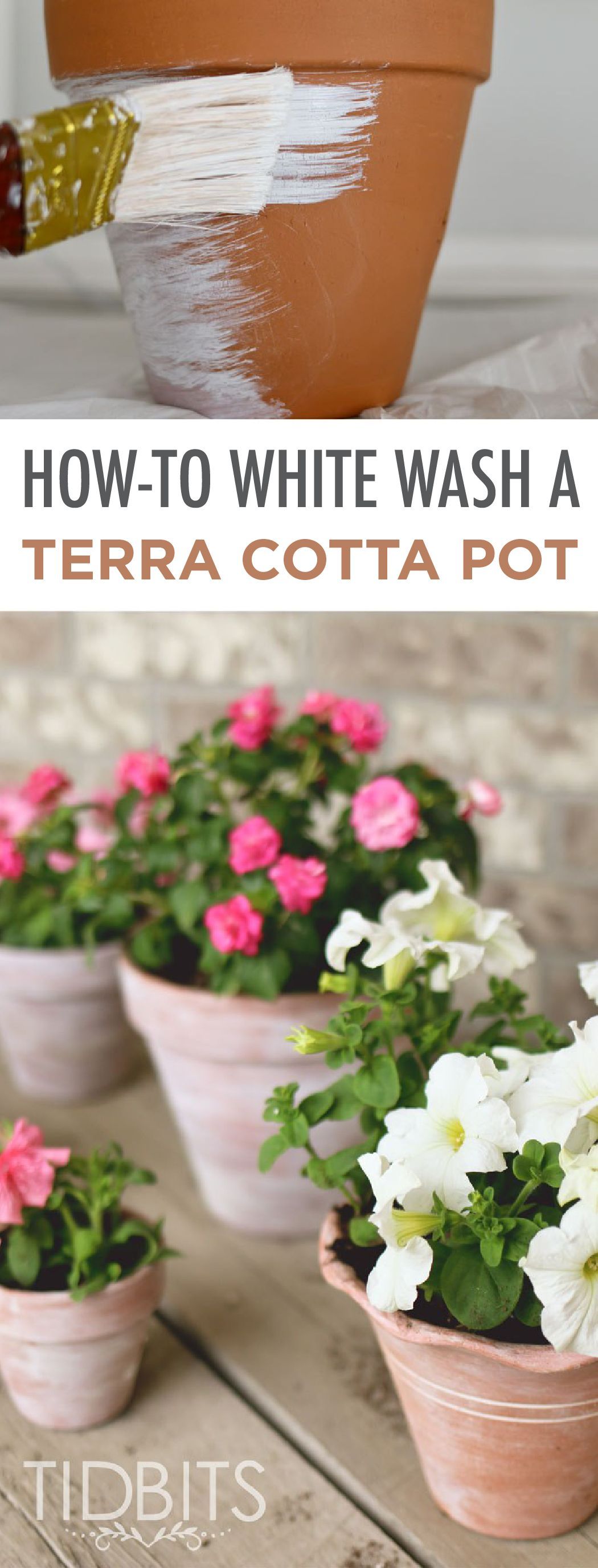 Blogger Tidbits shows you how-to whitewash terracotta pots for a simple and easy, yet effective, front porch makeover. The best