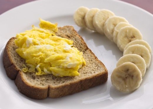 [breakfast idea:  one egg on one slice of wheat bread toast with half a banana on the side :)