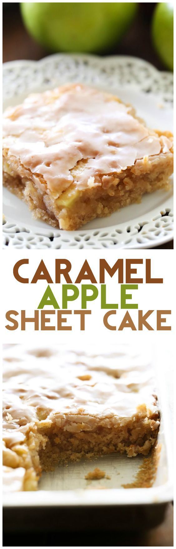 Caramel Apple Sheet Cake Recipe via Chef in Training … this cake is perfectly moist and has caramel frosting infused in each and