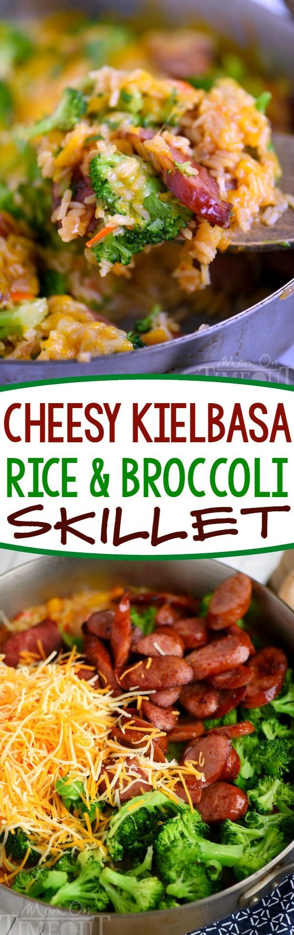 Cheesy Kielbasa, Rice and Broccoli Skillet – your new favorite dinner! This easy skillet recipe comes together in a flash and is