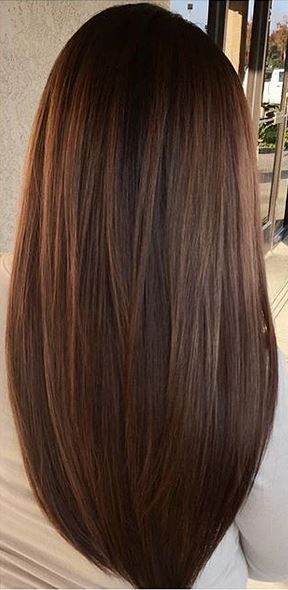 cool brunette hair color with subtle warm highlights… by