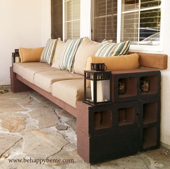 2 – DIY: Outdoor seating with basically cinder blocks, 4?4 lumber, and pillows -   How to Make a Bench from Cinder Blocks