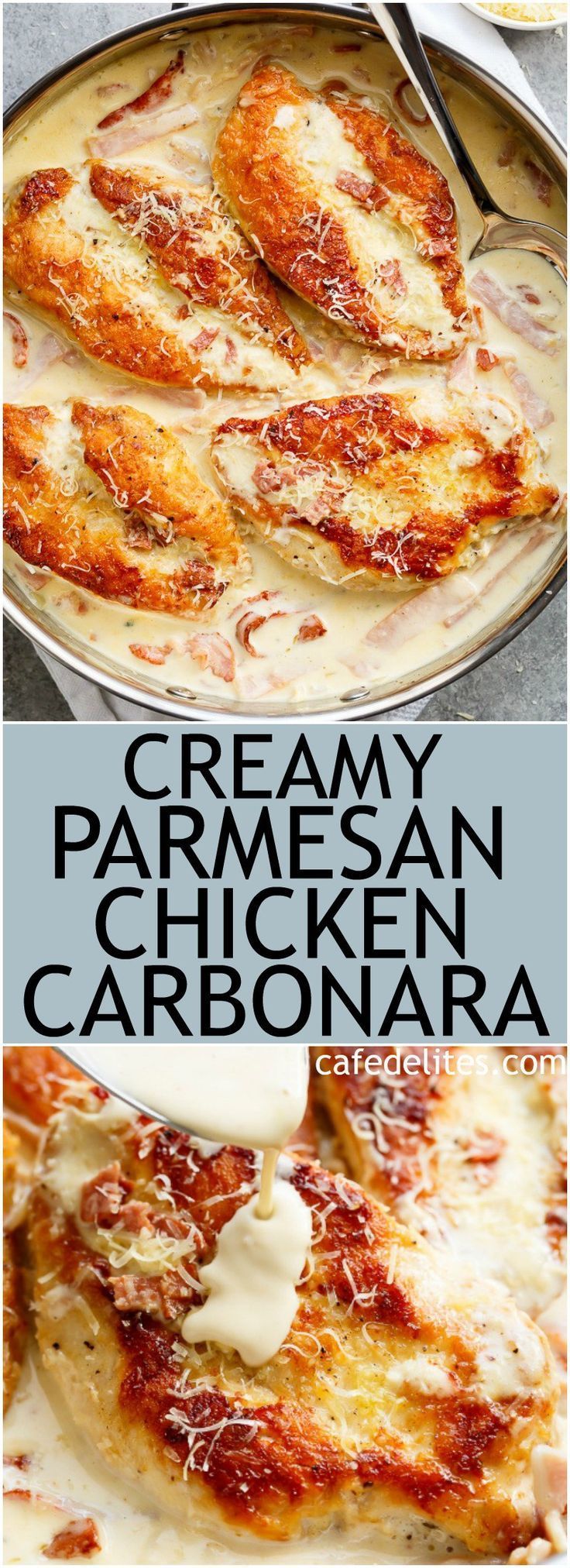 Creamy Parmesan Chicken Carbonara is the ultimate twist! Crispy, golden chicken fillets in a carbonara inspired sauce for a new