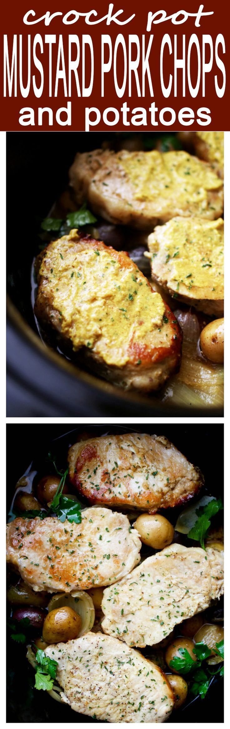 Crock Pot Mustard Pork Chops and Potatoes – Easy crock pot dinner with juicy pork chops and tender potatoes prepared in a