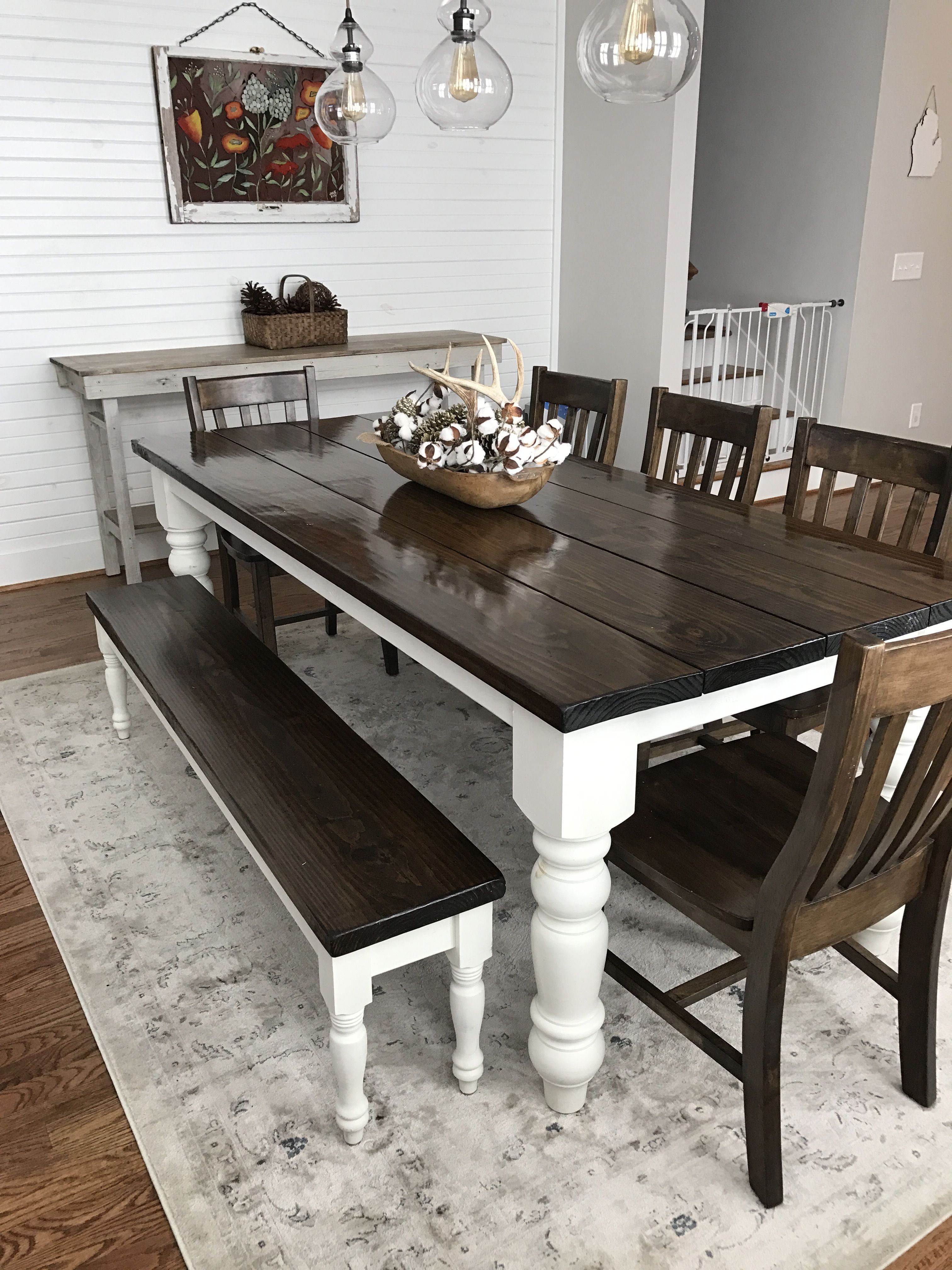 Custom built, solid wood Modern Farmhouse Dining Furniture. 7 L x 37″ W x 30″ H Baluster Table with a traditional tabletop stained
