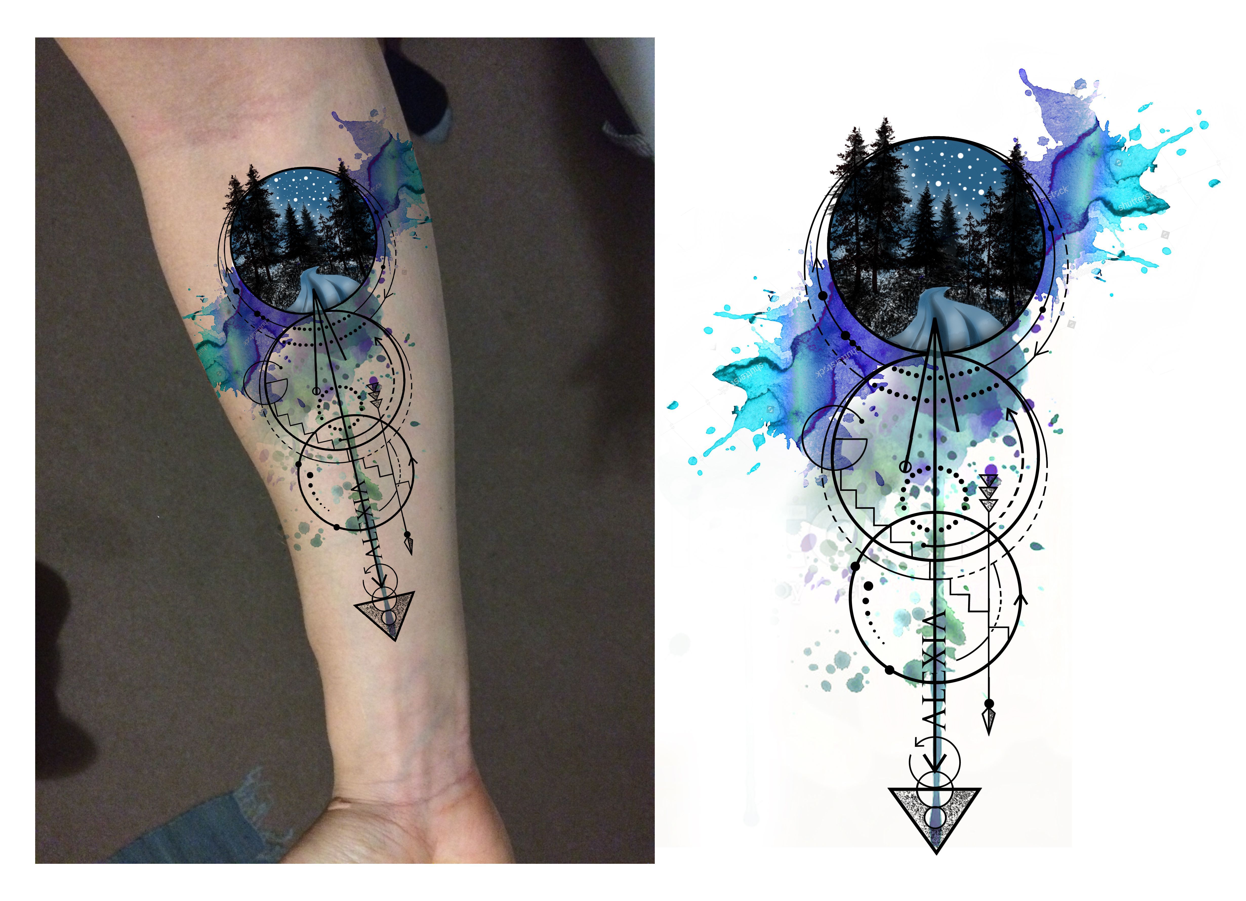 Designer: Andrija Protic  Geometrical Nature Forearm Tattoo Design Dotwork Watercolor