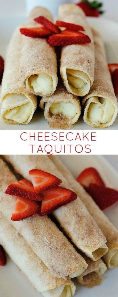 Dessert Taquitos filled with a cheesecake center and rolled in cinnamon and sugar! So so yummy!