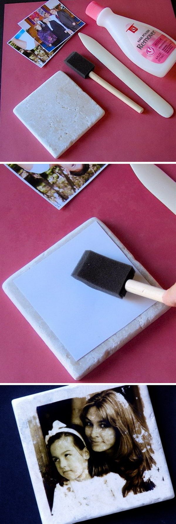 TRANSFER PICTURES TO TILES BY USING NAIL POLISH REMOVER -   Ideas for Photo Transfer Projects