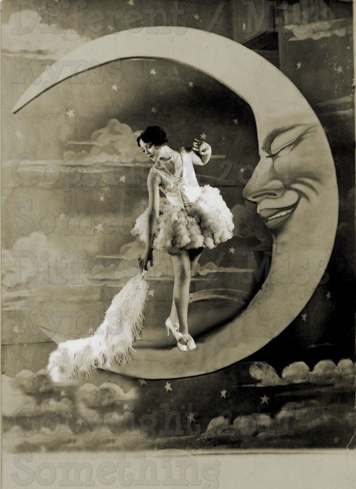 Dusting The Moon, Lovely lady,Paper Moon  Vintage Image, digital download. $2.50, via Etsy.
