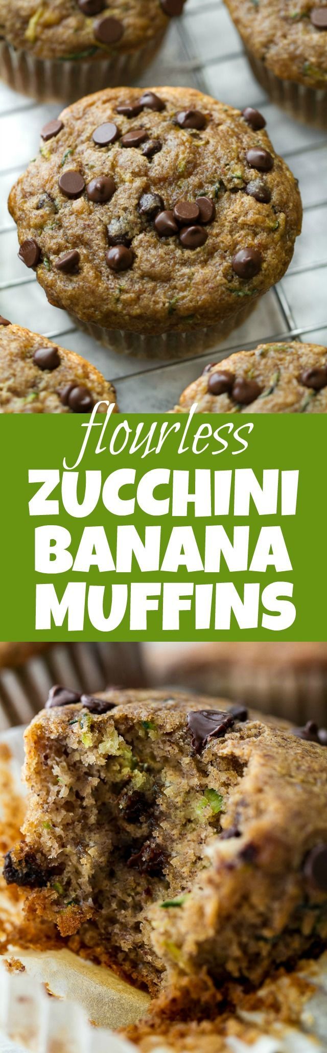 Flourless chocolate chip zucchini banana muffins that are so tender and flavourful, you’d never know they were made without flour,