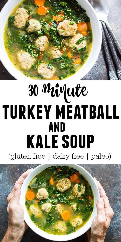 Get a wholesome and satisfying meal on the table in just 30 minutes with this hearty Turkey Meatball and Kale Soup. Gluten free.