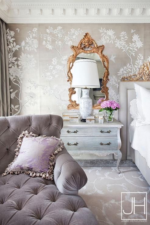 Gray French Bedroom with Gray Velvet Tufted Chaise Lounge