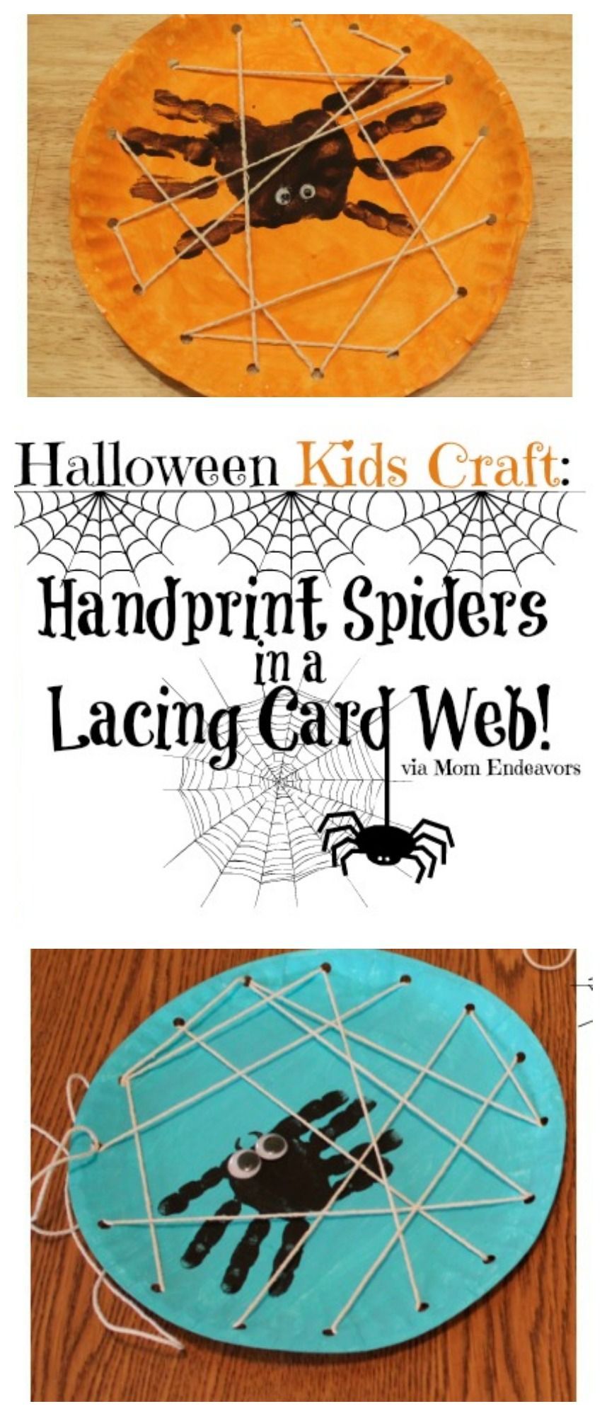 Halloween Kids Craft: Handprint Spiders in a DIY Lacing Card Web via momendeavors.com