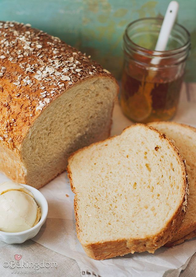 Homemade Honey Oat Bread (You brush the top with warm honey and sprinkle the top with rolled oats before baking. So good!)