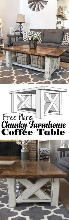 I love this entire living room! How TO : Build a DIY Coffee Table – Chunky Farmhouse – Woodworking Plans