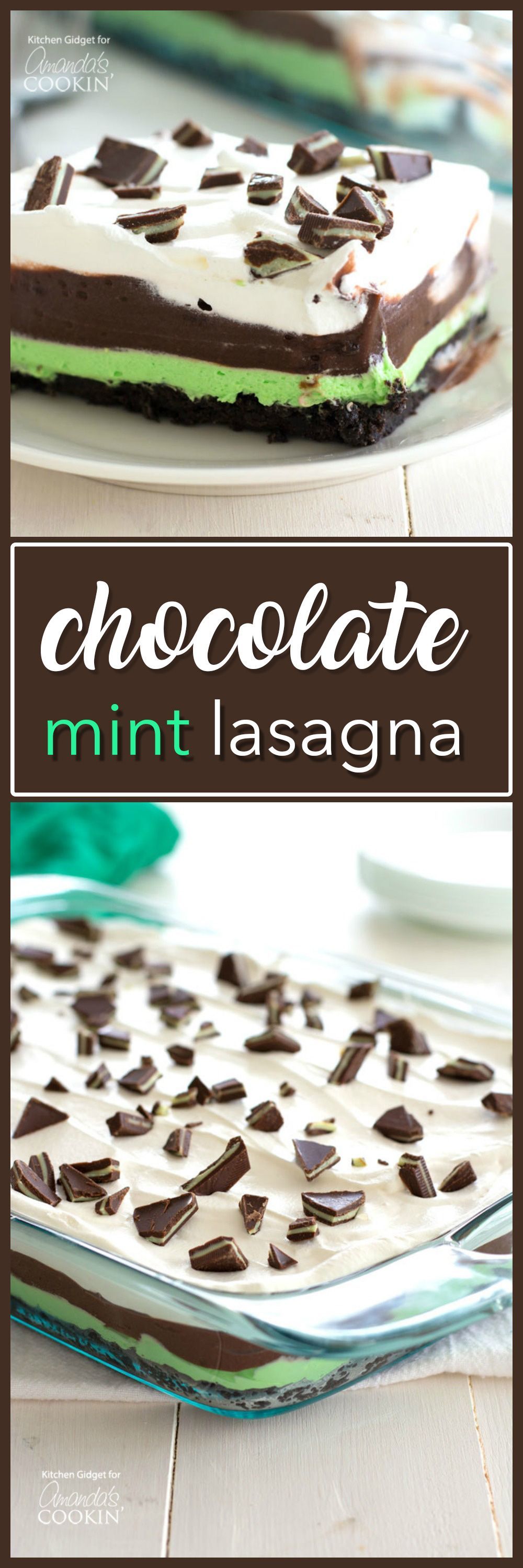 Indulge with this smooth and creamy one-pan Mint Chocolate Lasagna. Its the perfect no bake dessert to bring to a potluck or