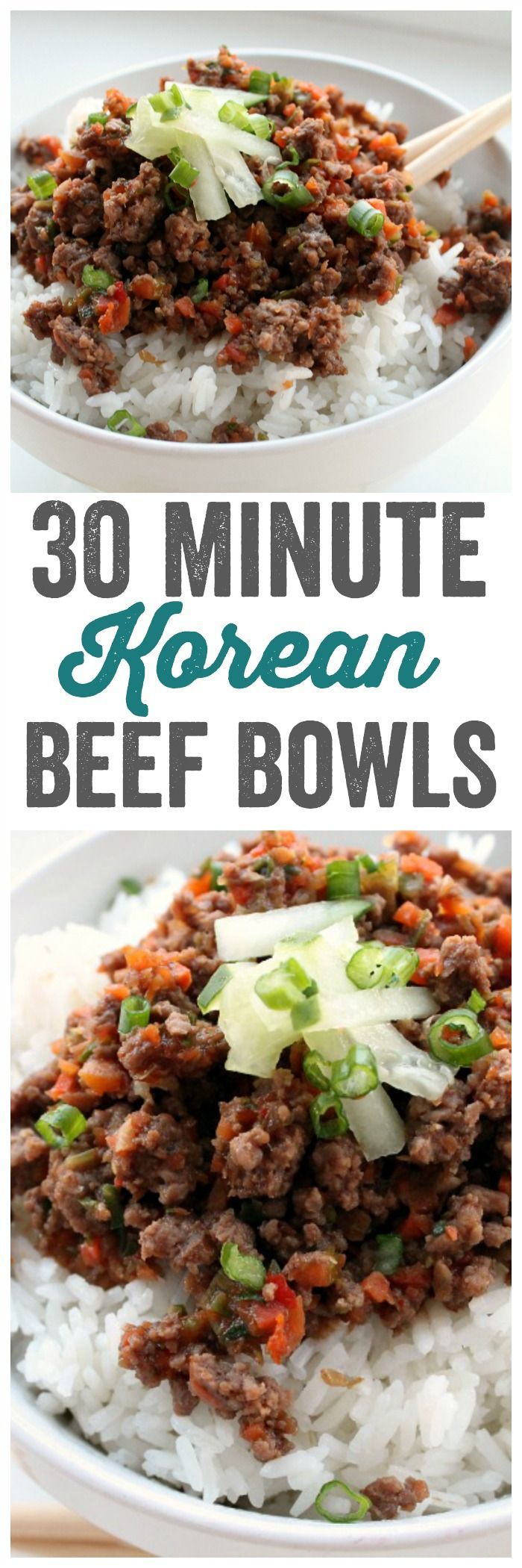 Korean Beef Bowls are seriously the perfect weeknight meal. An easy recipe that explodes with flavor. Meat, veggies, rice…YUM! ~