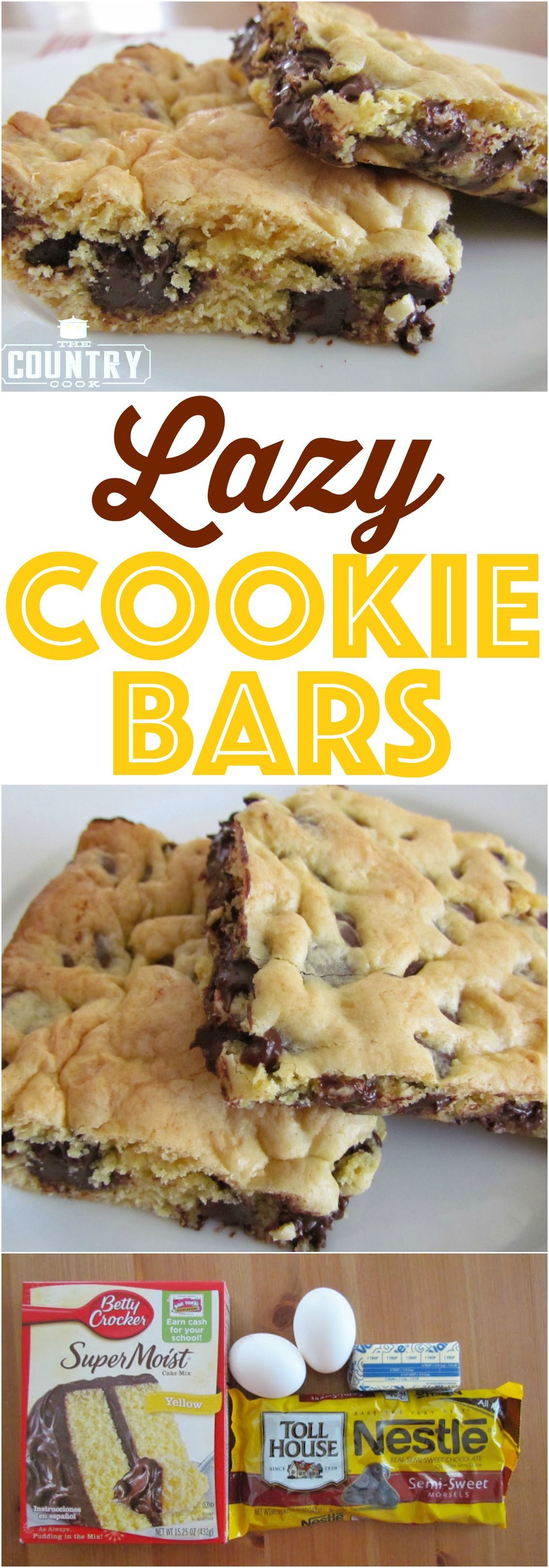 Lazy Chocolate Chip Cookie Bars are made with a boxed cake mix and butter and chocolate chips. So tender and yummy. We make these