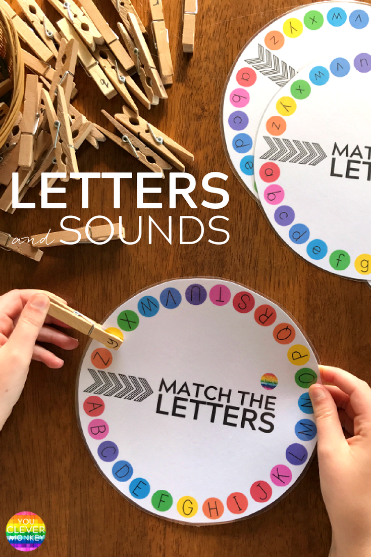 Letter and Initial Sound Printable Wheels – just print and add clothe pegs! Perfect for building up fine motor skills while