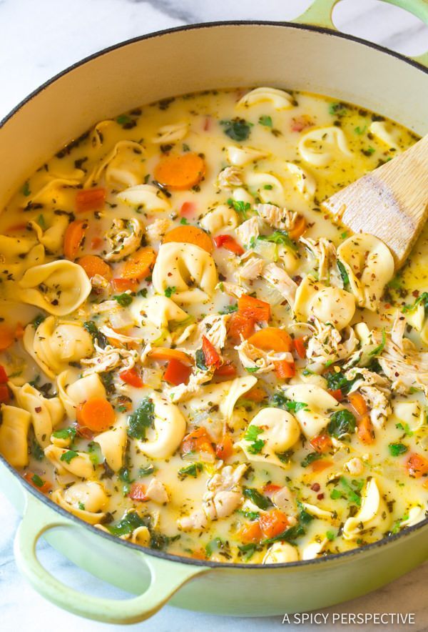 Light and Creamy Chicken Tortellini Soup Recipe. A cozy blend of chicken, vegetables, spice, cheese, and tortellini in a thin