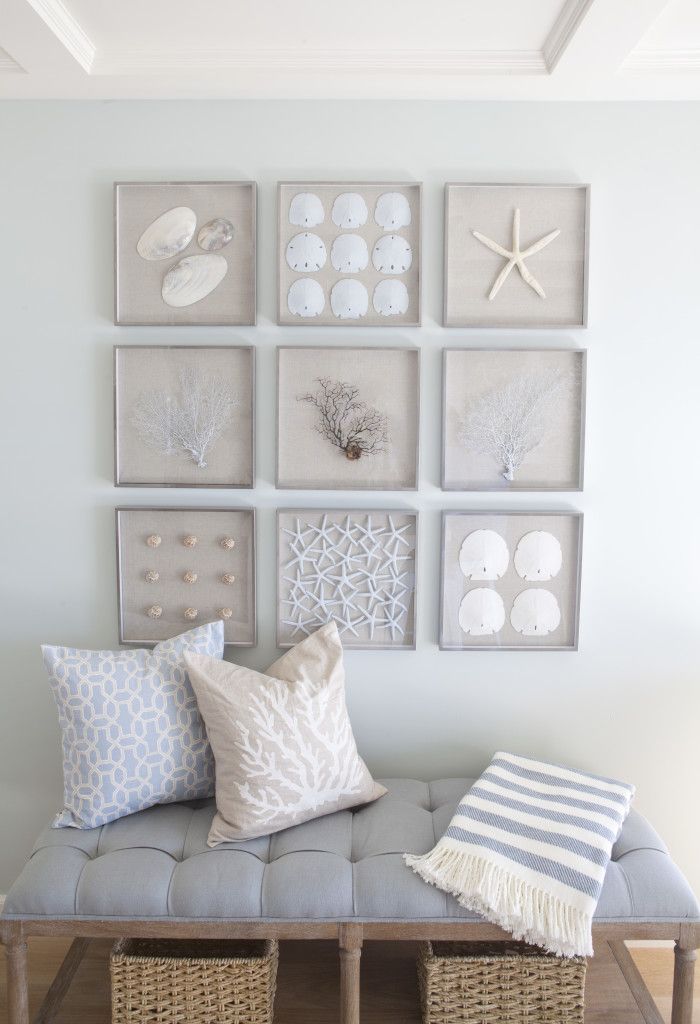 Love this beachy vignette featuring sanddollars, seashells and sea fans! The identical frame designs and size makes for an orderly