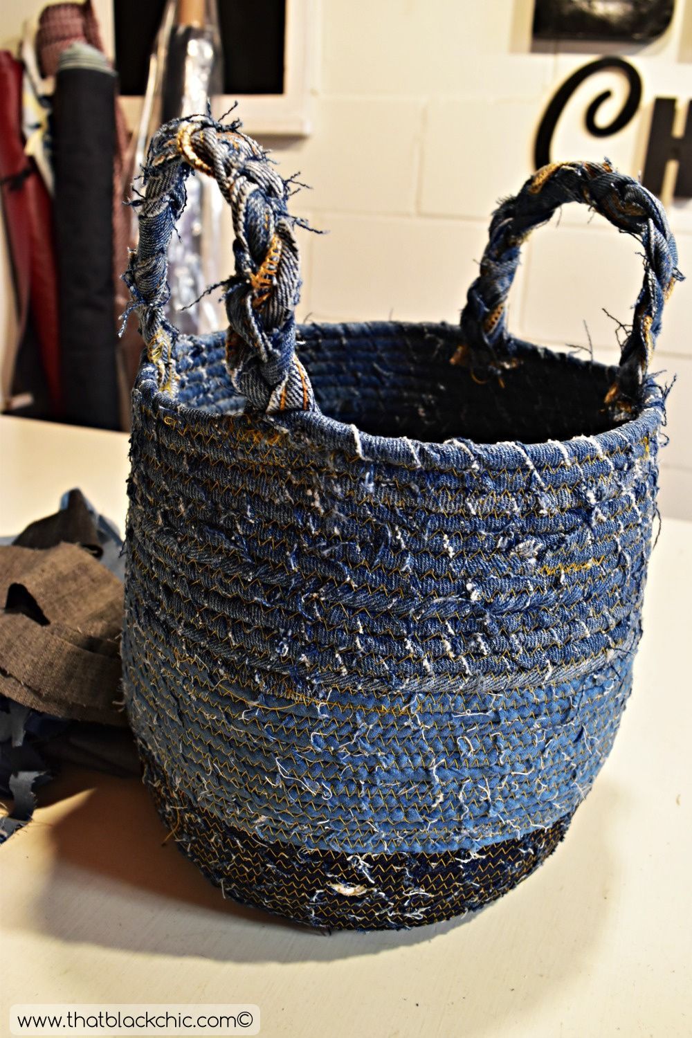 Make a fabric basket any size you need with this DIY Rope Basket made from Recycled Denim tutorial made by That Black Chic.