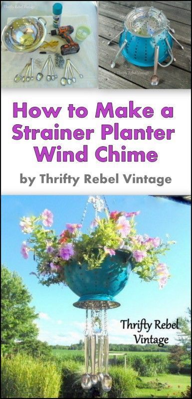 Make a fun and functional strainer planter wind chime to add some whimsy to your garden, deck, or patio.