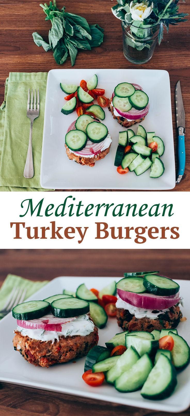 Mediterranean Turkey Burgers — Topped with crunchy veggies and a tangy yogurt sauce, these high-protein turkey burger patties
