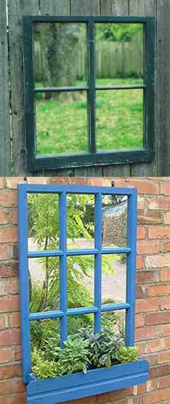 Mirrored windows & window-boxes to add character and colour to a garden wall or fence