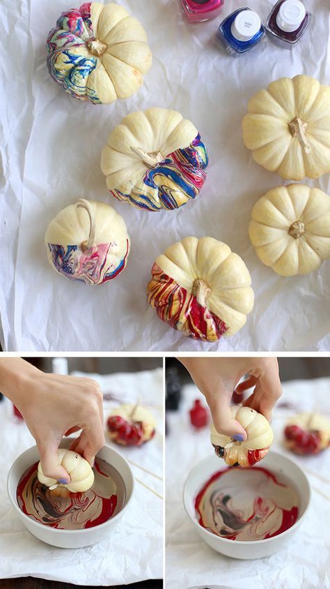 Nail Polish Marbled Pumpkins | 35 DIY Fall Decorating Ideas for the Home | Fall Craft Ideas for Adults