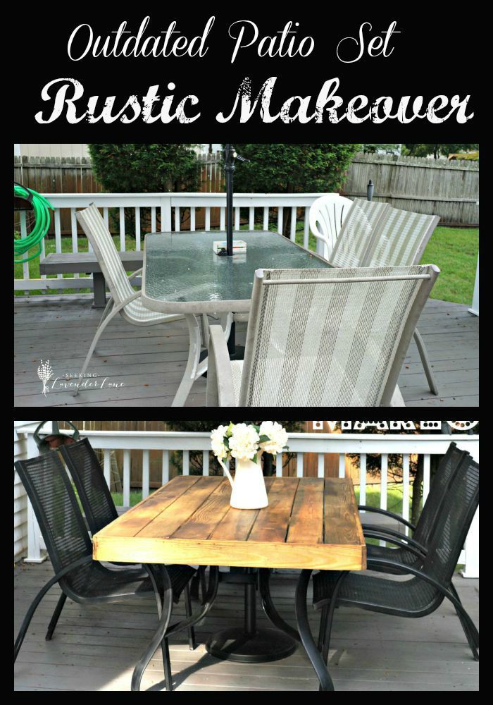 Outdated Patio Set Rustic Makeover… she bought a black and white striped umbrella and then redid the table and chairs! super