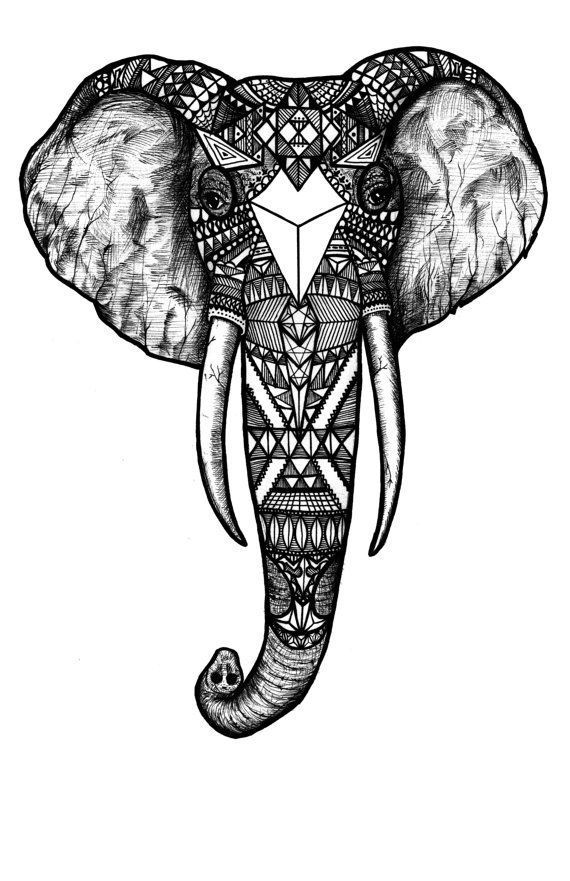 Pattern Elephant, Black and White, Black and White Digital Art Print of an Original Fine Art Line Drawing