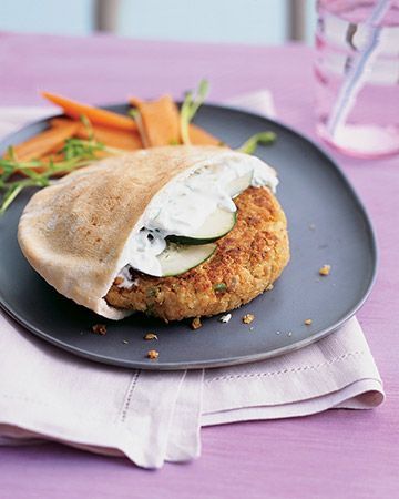 Quinoa Burgers: Who needs buns? Try these protein-rich quinoa burgers inside a whole-wheat pita topped with cucumber and yogurt