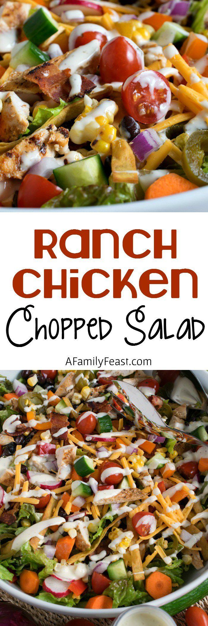 Ranch Chicken Chopped Salad – Grilled chicken, fresh veggies, tortilla strips and cheese – plus a delicious Ranch Dressing!