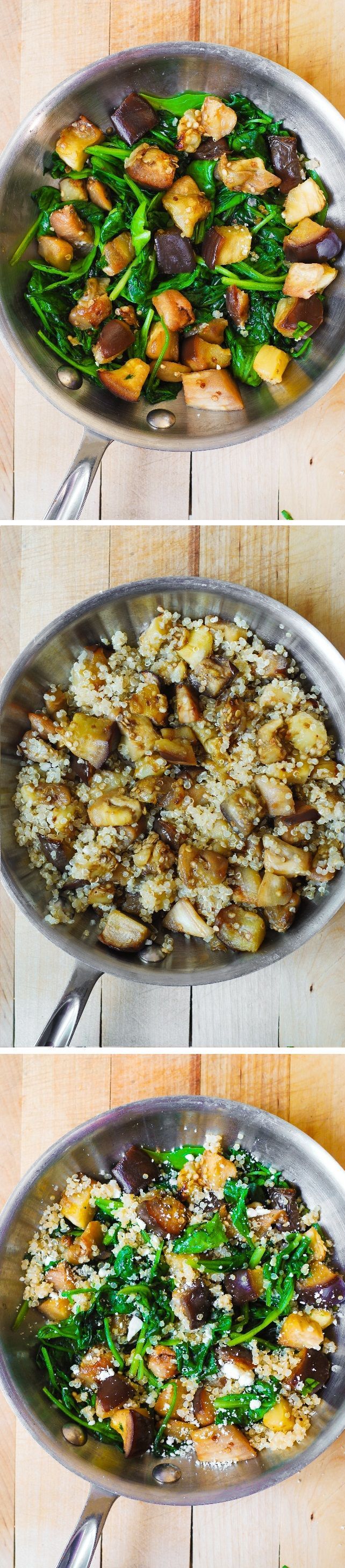 Roasted Eggplant with Spinach, Quinoa, and Feta. Healthy comfort food – vegetarian, gluten-free, low calorie, low carb and low