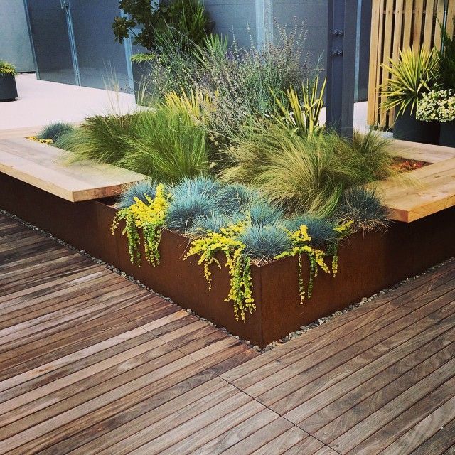 Rooftop garden- Corten planter with bench. Urban garden options!  Liz Pulver with Town & Gardens, Ltd.