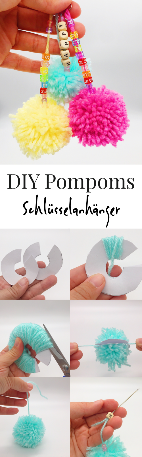 Schöne DIY Geschenk Idee: Bommel als Anhänger basteln. Pompoms aus Wolle selber machen. So könnt Ihr Euch Bommel ganz einfach