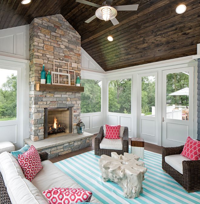 Screened in porch, This summery and cheerful screened-in porch features stained T&G ceiling boards, Cheerful and summery Screened