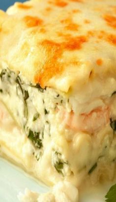 Seafood Lasagna (but with real Crab meat not imitation) _ This rich satisfying dish is loaded with Scallops, Shrimp & Crab in a