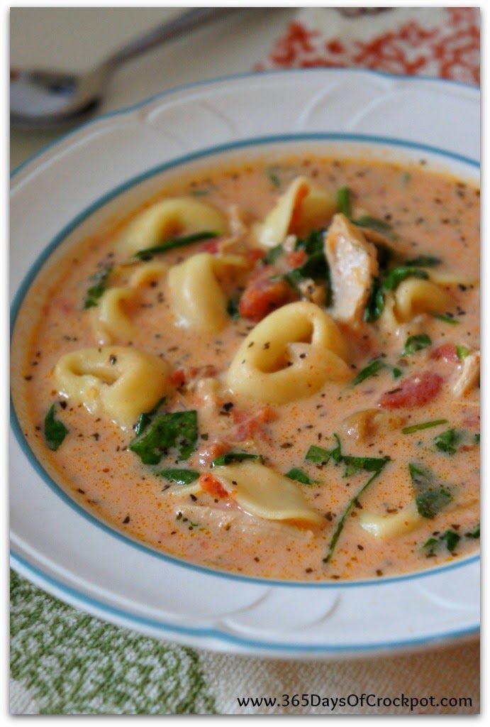 Slow Cooker Creamy Tortellini, Spinach and Chicken Soup with Parmesan Cheese